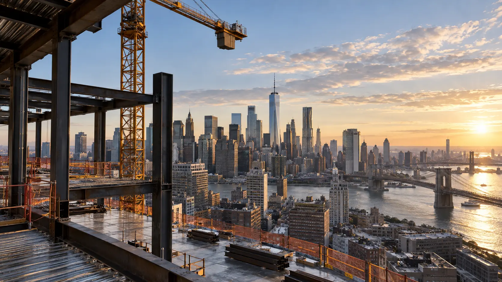 New York City skyline framed by an active construction site